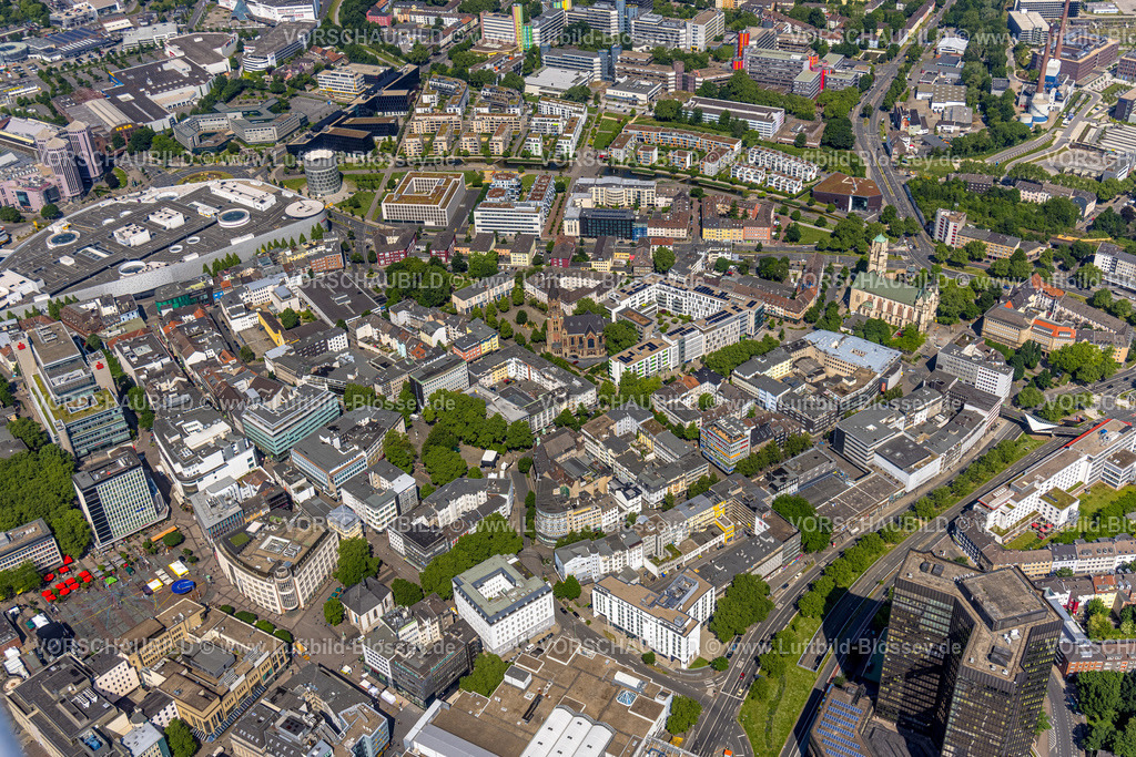 Essen220502273 | Luftbild, City mit Kreuzeskirche und St. Gertrud Kirche, Stadtkern, Essen, Ruhrgebiet, Nordrhein-Westfalen, Deutschland