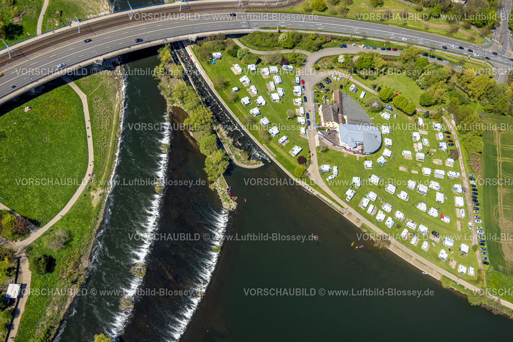 Hattingen230406903 | Luftbild, Ruhrbrücke Bochumer Straße, Campingplatz Ruhrbrücke, Ruhr-Wehr mit Bootsgasse und Fischtreppe, Hattingen, Ruhrgebiet, Nordrhein-Westfalen, Deutschland