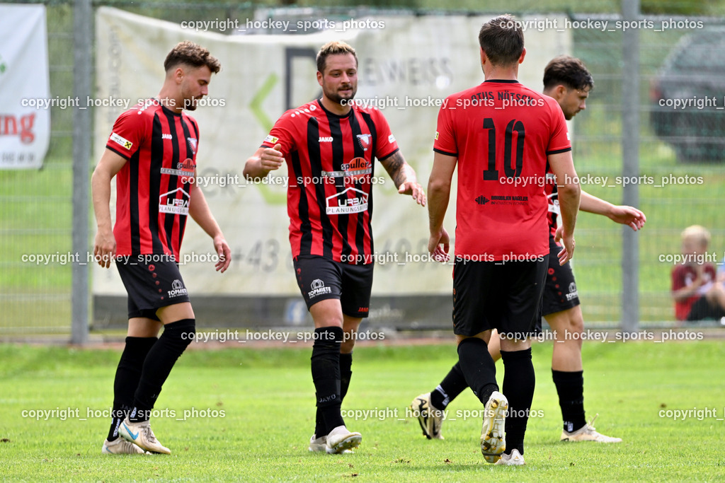 ATUS Nötsch vs. SC Landskron | #10 Andreas Orter ATUS Nötsch, #95 Markus Madritsch ATUS Nötsch, Jubel ATUS Nötsch Mannschaft, #91 Christian Lussnig ATUS Nötsch, #99 Lucas Mosser ATUS Nötsch, ATUS Nötsch vs. SC Landskron, ATUS Nötsch vs. SC Landskron am 26.07.2025 in Nötsch (Dobratsch Arena), Austria, (Photo by Bernd Stefan)