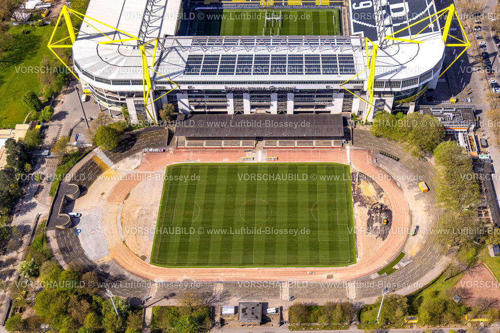 Dortmund230401672 | Luftbild, BVB Stadion Rote Erde mit Baustelle und Umbau, Westfalenhalle, Dortmund, Ruhrgebiet, Nordrhein-Westfalen, Deutschland
