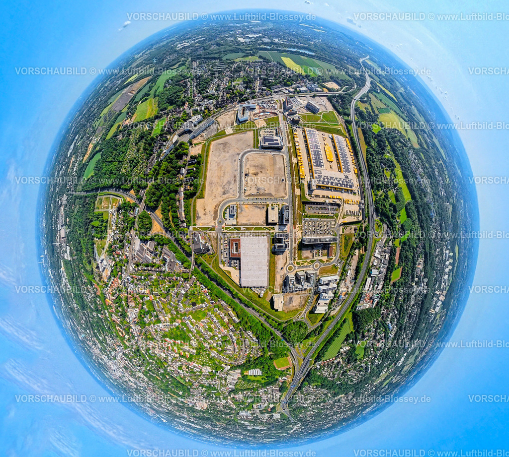 Bochum250690003O-Werk-Campus | Großbaustelle Mark 51/7, Wissenschaftsquartier und Technologiequartier, O-Werk Campus, ehemaliges Opel Areal an der Autobahn A448 Erdkugel, Fisheye Aufnahme, Fischaugen Aufnahme, 360 Grad Aufnahme, tiny world, little planet, fisheye Bild, Laer, Bochum, Ruhrgebiet, Nordrhein-Westfalen, Deutschland