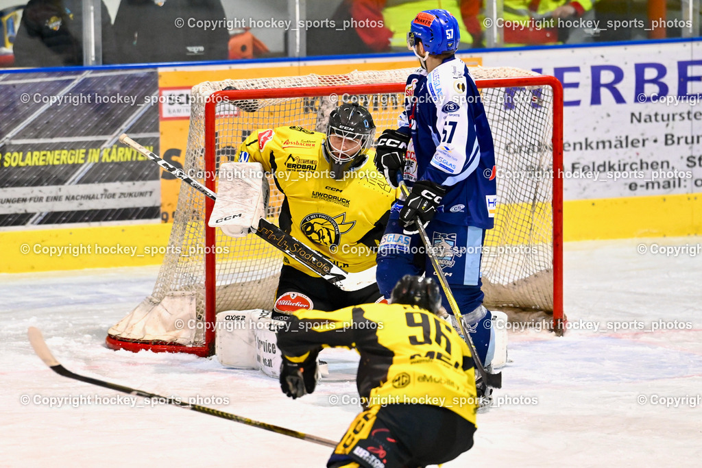 ESC Steindorf vs. EC Hornets Spittal 25.2.2024 | #1 Zauchner Rene EC Hornets Spittal, #57 Wilfan Franz ESC Steindorf, ESC Steindorf vs. EC Hornets Spittal 25.2.2024, ESC Steindorf vs. EC Hornets Spittal 25.2.2024 am 25.02.2024 in Steindorf (Ossiachersee Halle), Austria, (Photo by Bernd Stefan)