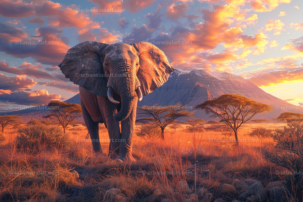 Elephant Standing In The Savannah At Sunset | This majestic image of an elephant in the savannah at sunset captures the awe of nature's grandeur. Ideal for those seeking to bring a warm, earthy touch to their space. - Realisiert mit Pictrs.com