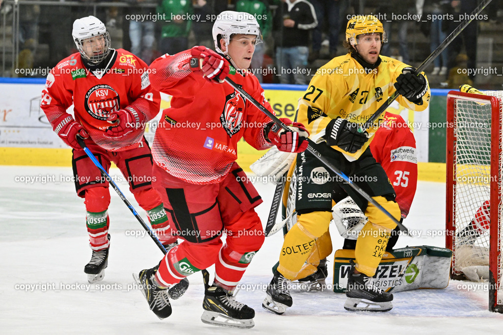 KSV KÄNGURUS vs. EHC Lustenau | #27 D’Alvise Christopher EHC Lustenau, #12 Telsnig Lukas KSV, #35 Nußbacher Felix KSV, #19 Trost Manuel Philipp KSV, KSV KÄNGURUS vs. EHC Lustenau, KSV KÄNGURUS vs. EHC Lustenau am 14.03.2026 in Kapfenberg (Sportzentrum Kapfenberg), Austria, (Photo by Bernd Stefan)