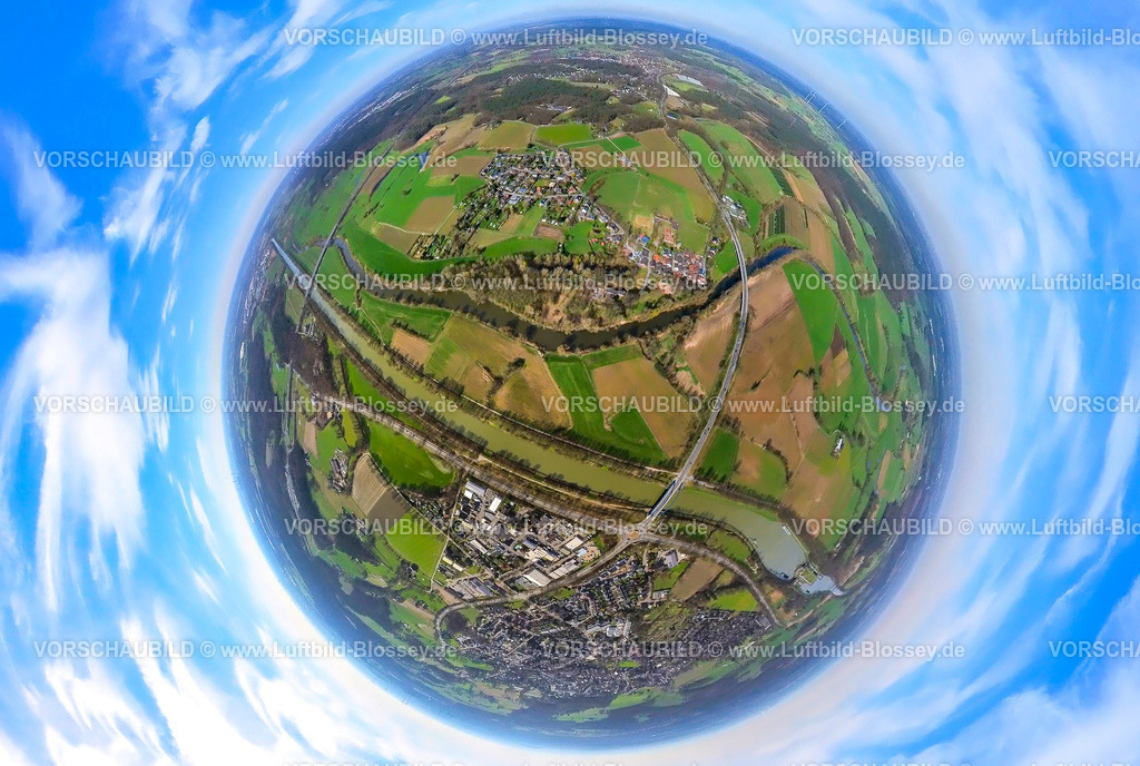 Huenxe240390042Huenxe-Krudenburg | Luftbild, Wesel-Datteln-Kanal mit Wesel-Datteln-Kanal Brücke, Fluss Lippe und Ortsteil Krudenburg, unten das Gewerbegebiet Bannemer Feld an der Weseler Straße, links die Kanalbrücke der Autobahn A3, Wiesen und Felder, Erdkugel, Fisheye Aufnahme, Fischaugen Aufnahme, 360 Grad Aufnahme, tiny world, little planet, fisheye Bild, Hünxe, Nordrhein-Westfalen, Deutschland