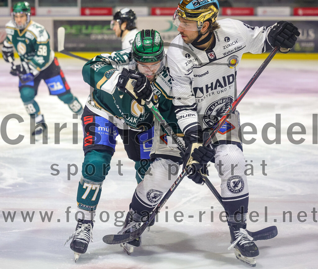 2025-11-25_025_TSV_Erding_gegen_EHF_Passau_Black_Hawks | Erding, Deutschland, 25.11.2025:Eishockey, Oberliga Süd 2025 / 2026, 20. Spieltag, TSV Erding gegen EHF Passau Black Hawks, Endergebnis: 2:3 n.V.Philipp Michl (Erding Gladiators, #77), Brendan Harrogate (EHF Passau Black Hawks, #61)Foto: Christian Riedel / fotografie-riedel.net