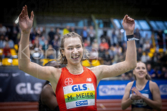 Deutsche Leichtathletik-Hallenmeisterschaften; Dortmund, 28.02.2026 | Marlene Meier (TSV Bayer 04 Leverkusen, 401) freut sich über den Titel als Deutsche Hallenmeisterin 60m Hürden; Deutsche Leichtathletik-Hallenmeisterschaften am 28.02.2026 in der Helmut-Körnig-Halle in Dortmund. 