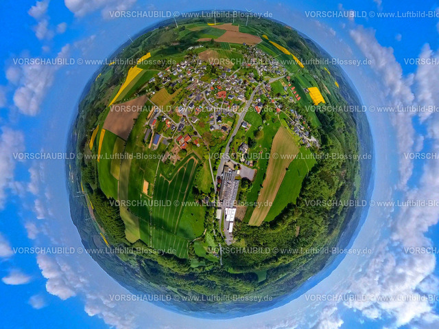 Sundern230520034Hoevel | Luftbild, Ortsansicht Hövel, Bundesstraße B229, Hönnetaler Kettenfabrik Schulte & Co., 
Erdkugel, Fisheye Aufnahme, Fischaugen Aufnahme, 360 Grad Aufnahme, Hövel, Sundern, Ruhrgebiet, Nordrhein-Westfalen, Deutschland