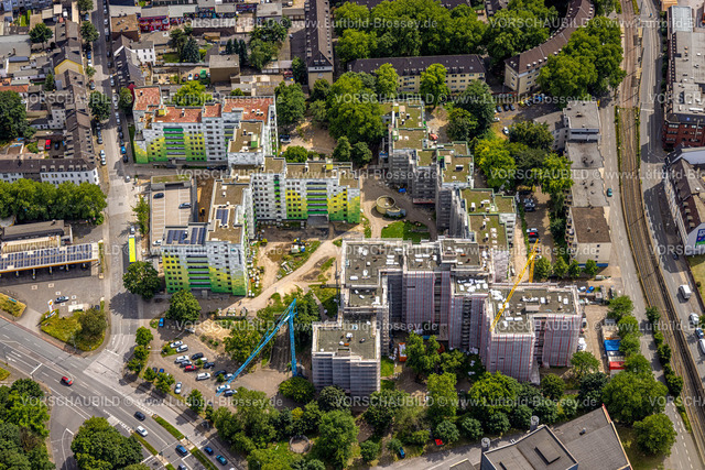 Duisburg240705180-Mitte | Luftbild, Hochhaus Wohnsiedlung City Wohnpark Heerstraße, Straßenbahnlinie, Dellviertel, Duisburg, Ruhrgebiet, Nordrhein-Westfalen, Deutschland