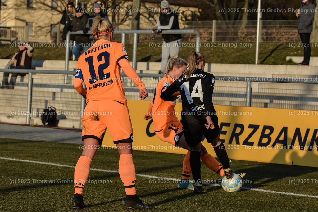 Fussball-BL Frauen 1. FFC Frankfurt vs. TSG 1899 Hoffenheim | Stephanie Breitner #12 (TSG 1899 Hoffenheim), Judith Steinert #19 (TSG 1899 Hoffenheim), Groenen Jackie #14 (1.FFC Frankfurt); Fussball-BL Frauen 1. FFC Frankfurt vs. TSG 1899 Hoffenheim, Fussball-Bundesliga Frauen am 24.02.2018 im Stadion am Brentanobad in Frankfurt/Main, (Deutschland) - Realisiert mit Pictrs.com