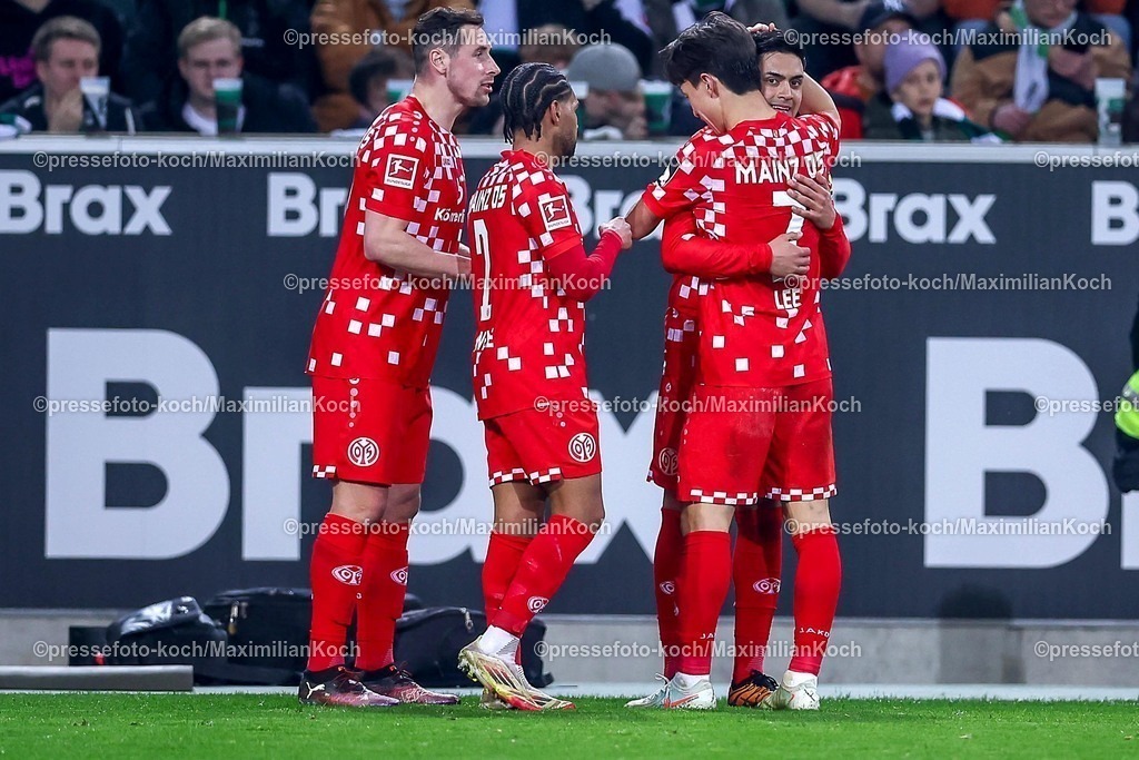 BMG07032501102 | 07.03.2025, Fußball, Borussia Mönchengladbach - 1.FSV Mainz 05, 1. Fußball Bundesliga, Borussia-Park, Saison 2024 2025: Torjubel nach dem 3:1 durch Torschütze Nadiem Amiri (Mainz05 #18)DFB regulations prohibit any use of photographs as image sequences and or quasi-video.