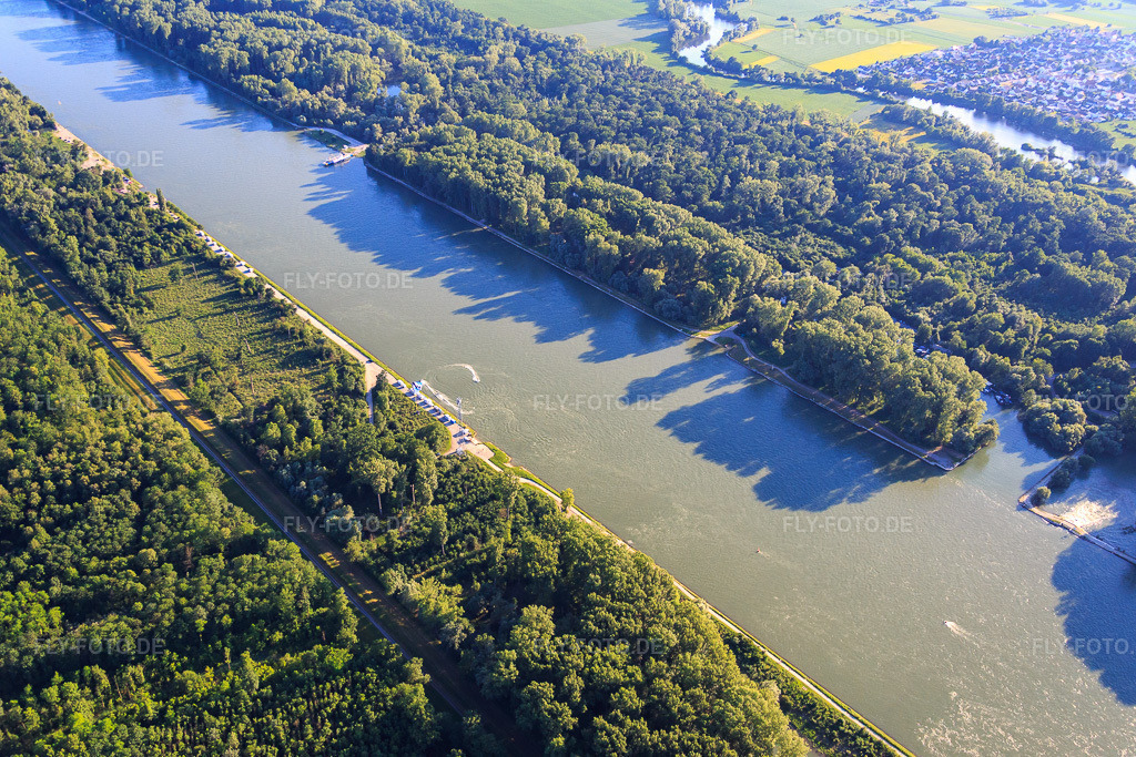 Luftbild: Wasserscooter vs. Paraglider im bzw. über dem Rhein im Ortsteil Leopoldshafen in Eggenstein-Leopoldshafen im Bundesland Baden-Württemberg in Deutschland. Foto: IMG_080767.jpg vom 13.06.2015 durch Werner Riehm/FLY-FOTO.de