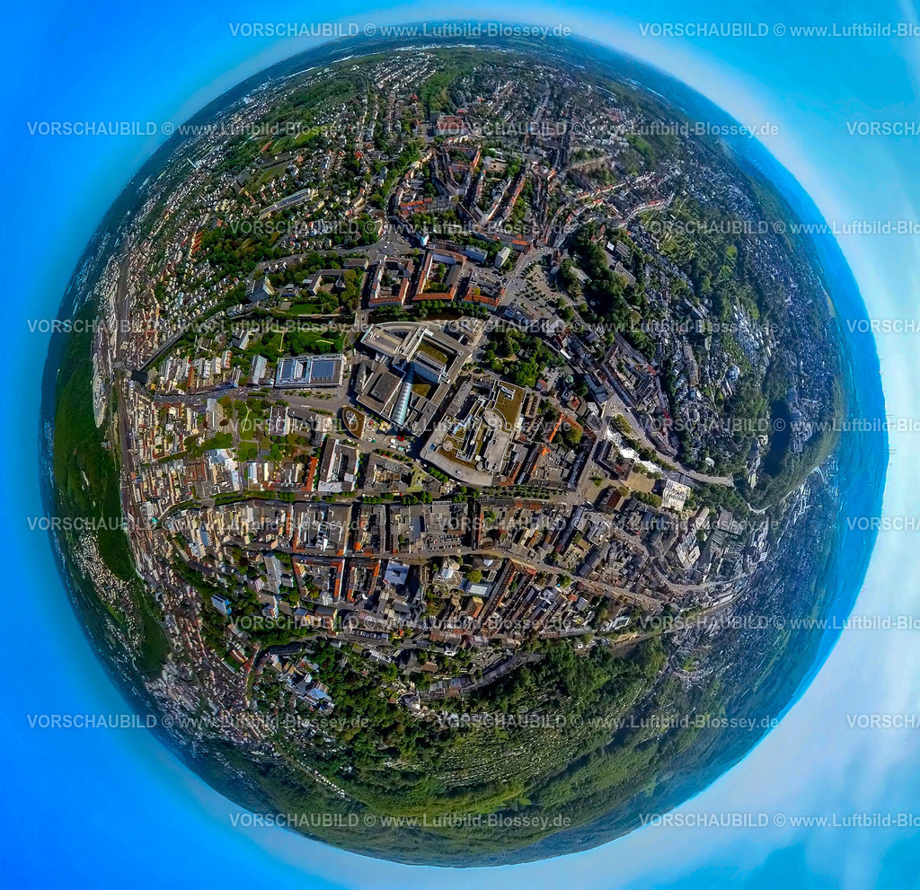 Hagen240590241City_Mitte | Luftbild, City Innenstadtansicht Hagen-Mitte, Friedrich-Ebert-Platz Fußgängerzone und Rathaus Galerie, Fluss Volme, Erdkugel, Fisheye Aufnahme, Fischaugen Aufnahme, 360 Grad Aufnahme, tiny world, little planet, fisheye Bild, Mittelstadt, Hagen, Ruhrgebiet, Nordrhein-Westfalen, Deutschland