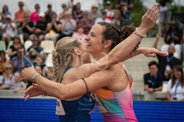 Golden Oval; Dresden, 31.05.2026 | DRESDEN , GERMANY - MAY 31:  Rosina Schneider (GER / Germany) and Lia Flotow (GER / Germany) celebrating after the 100m hurdles during the Golden Oval Continental Tour Silver meeting on May 31, 2026 at Heinz-Steyer-Stadion in Dresden, Saxony, Germany.