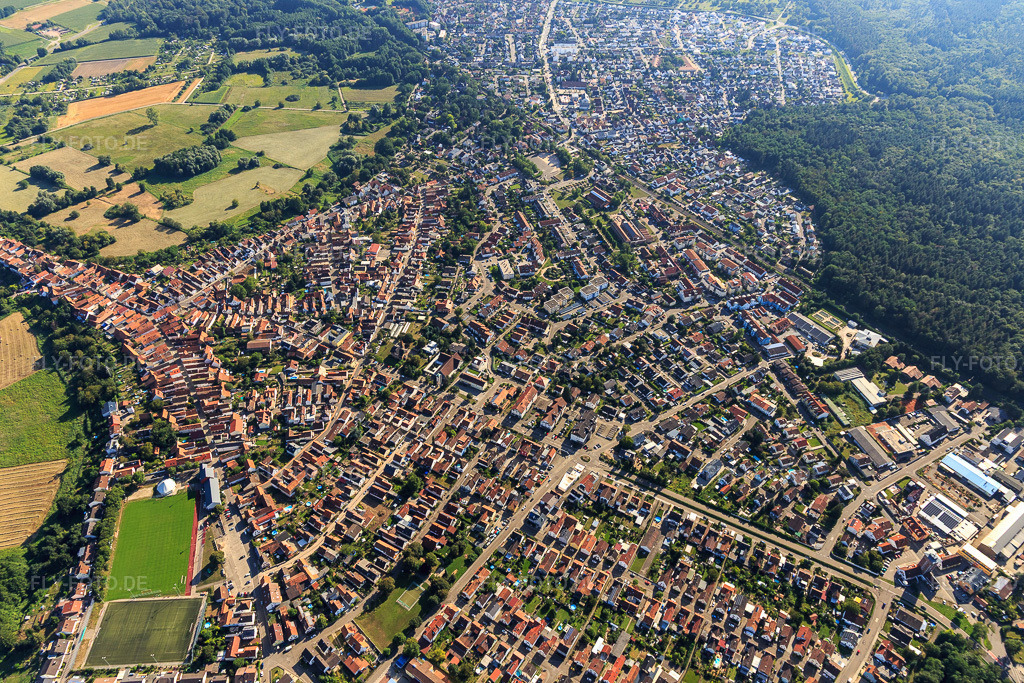 Luftbild: Stadtübersicht aus Norden in Jockgrim im Bundesland Rheinland-Pfalz in Deutschland. Foto: IMG_128366.jpg vom 12.08.2021 durch Werner Riehm/FLY-FOTO.de