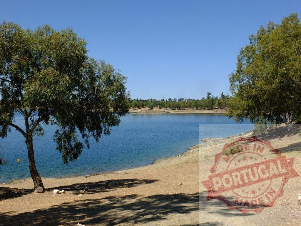 Tranquil lake shoreline with trees under blue sky. Spain - Extremadura | Scenic lake shoreline with dry land and green trees under a clear blue sky - Realized with Pictrs.com