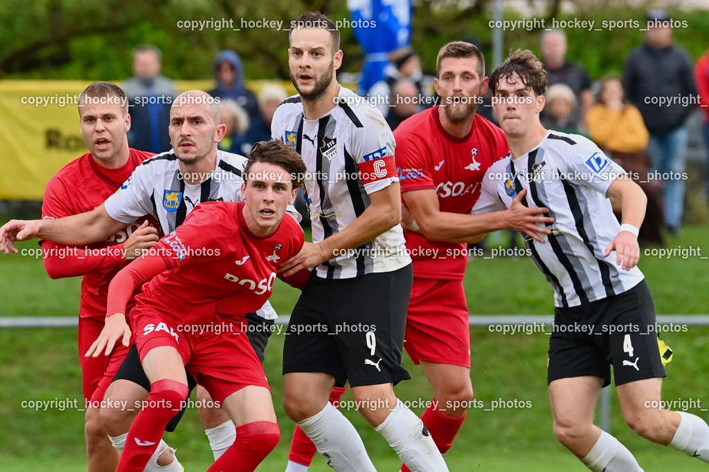 SVG Bleiburg vs. SAK 23.9.2023 | #13 Fabian Griesebner SAK, #6 Nikola Tolimir SVG Bleiburg, #4 Raphael Huber SVG Bleiburg, #17 Jan Sasa Ogris-Martic SAK, #9 Adnan Besic (K) SVG Bleiburg, #4 Marko Gajic SAK, #10 Dominik Peketz SVG Bleiburg, SVG Bleiburg vs. SAK 23.9.2023, SVG Bleiburg vs. SAK am 23.09.2023 in Bleiburg (Karl Kornberger Stadion), Austria, (Photo by Bernd Stefan)
