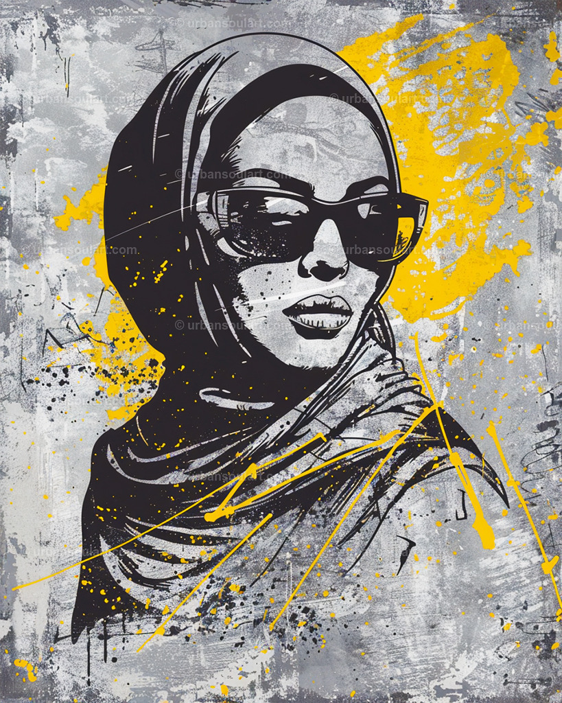 Woman With Sunglasses And Headscar | This stylish portrait of a woman in sunglasses and a headscarf combines elegance with street art aesthetics, making it perfect for chic and minimalist decor. - Realisiert mit Pictrs.com