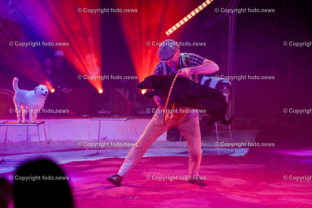 Zirkus Louis Knie_ 17.02.2024-16 | 17.02.2024, Linz, AUT, Circus Louis Knie 2024, im Bild Circus, Zirkus, Zelt, Artisten, Kuenstler, Trapez, Show, Clown, Zuschauer, Hunde, Ponys, Licht, Musik, Akrobaten, Akrobatik, Luftakrobatik