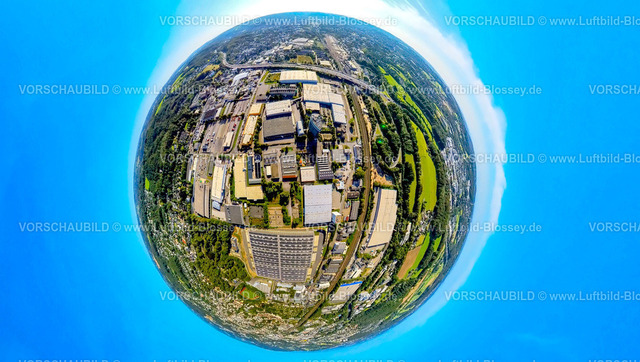 Wuppertal240890643EDE | Luftbild, Gewerbegebiet Dieselstraße mit EDE Einkaufsbüro Deutscher Eisenhändler GmbH, Erdkugel, Fisheye Aufnahme, Fischaugen Aufnahme, 360 Grad Aufnahme, tiny world, little planet, fisheye Bild, Fleute, Wuppertal, Ruhrgebiet, Nordrhein-Westfalen, Deutschland