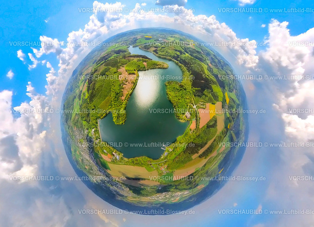 Meschede230520020Hennesee | Luftbild, Hennesee, Hennetalsperre, Naturschutzgebiet Arnsberger Wald, Erdkugel, Fisheye Aufnahme, Fischaugen Aufnahme, 360 Grad Aufnahme, Berghausen, Meschede, Sauerland, Nordrhein-Westfalen, Deutschland