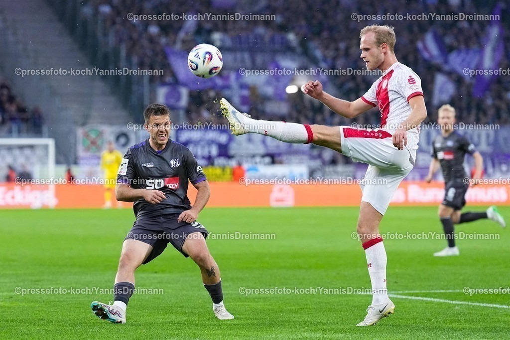 xydrx17092501279 | 17.09.2025, xydrx, Fußball, 3.Liga, Rot-Weiss Essen - VFL Osnabrück, Saison 2025 2026, Stadion an der Hafenstraße: Patrick Kammerbauer (VFL Osnabrück #31) Lucas Brumme (Rot-Weiss Essen #14)   DFB regulations prohibit any use of photographs as image sequences and or quasi-video.