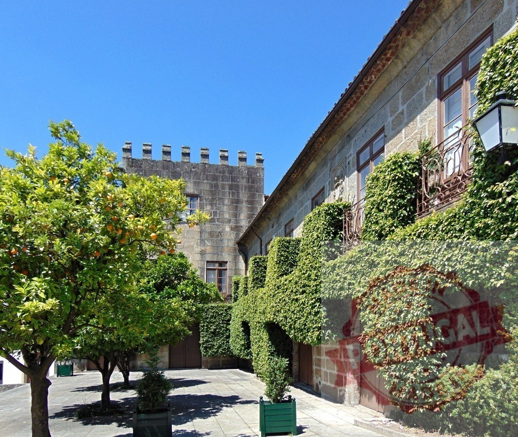 Pazo de Fefiñáns courtyard in Cambados, Spain. Region Norte - Portugal | Pazo de Fefiñáns courtyard showcasing granite architecture, green ivy, and orange trees - Realisiert mit Pictrs.com