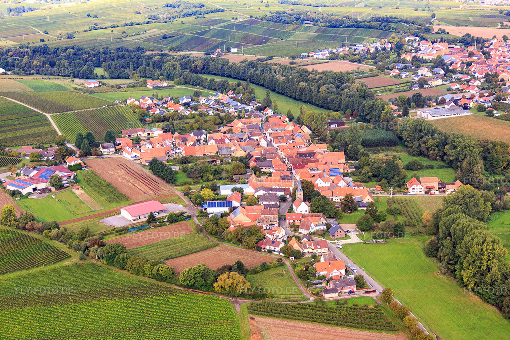 Luftbild: Ortsansicht von Osten im Ortsteil Klingen in Heuchelheim-Klingen im Bundesland Rheinland-Pfalz in Deutschland. Foto: IMG_072573.jpg vom 19.09.2014 durch Werner Riehm/FLY-FOTO.deAuflösung des Originals: 5472 x 3648 px