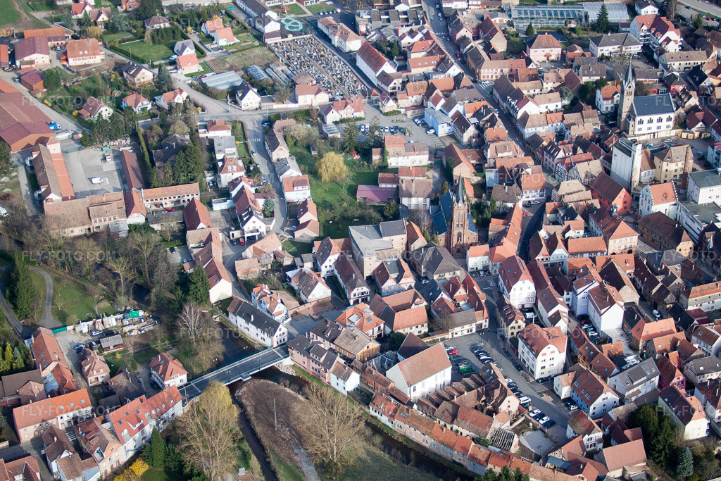 Aerial view: View of the town in Pfaffenhoffen in the state Bas-Rhin, France.Photo: IMG_38644.jpg taken on 03/20/2011 by Werner Riehm/FLY-FOTO.comResolution of the original: 4752 x 3168 px