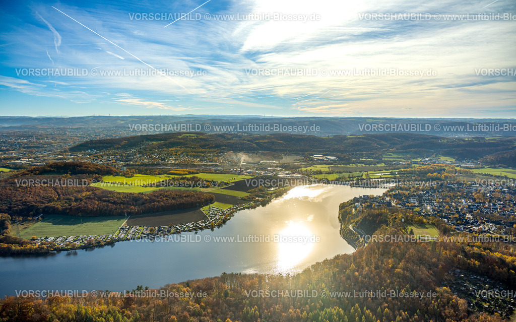Wetter251104375 | Luftbild, Harkortsee mit Blick nach Hagen-Vorhalle, links Kaisberg Wald und Campingplätzen Caravanverein Wassersportverein Harkortsee (CWVH) und Wassersportverein Campingverein Hagen e.V., blauer Himmel mit Wolkwn, herbstliche Bäume, Wetter, Ruhrgebiet, Nordrhein-Westfalen, Deutschland