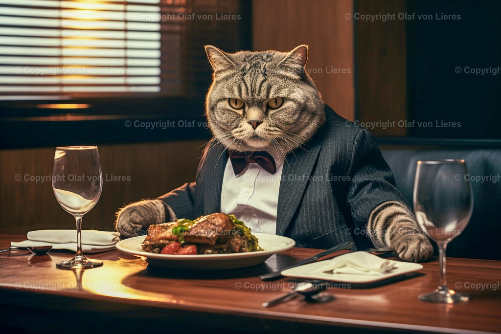 Kater im Restaurant | cooler Kater am Esstisch