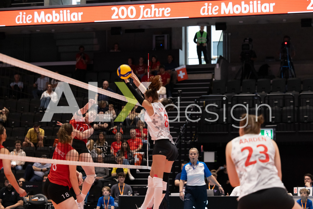 Georgia v Switzerland - CEV European League Women | KRIENS, SWITZERLAND - JUNE 12: MÉLINE PIERRET of Switzerland block against MAGDA KOBAIDZE of Georgia during the CEV European League match between Georgia and Switzerland at Pilatus Arena on June 12, 2026 in Kriens, Switzerland. - Realisiert mit Pictrs.com