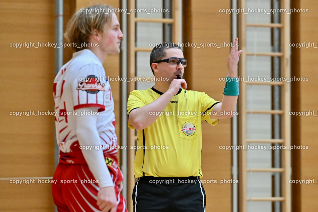 VSV Unihockye vs. KAC Floorball | #14 Pascual Fina KAC Floorball, Alexander Gruber Referee, VSV Unihockye vs. KAC Floorball, VSV Unihockye vs. KAC Floorball am 13.04.2025 in Villach (Ballspielhalle St. Martin), Austria, (Photo by Bernd Stefan)
