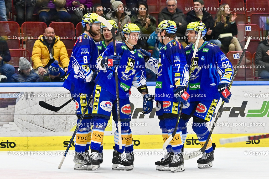 EC IDM Wärmepumpen VSV vs. Hydro Fehervar AV19 14.2.2023 | #8 Rebernig Maximilian, #81 Richter Marco, #78 Maxa Felix, #77 Lindner Philipp, #52 Rivett-Mattinen Nicolas, Jubel EC VSV Mannschaft