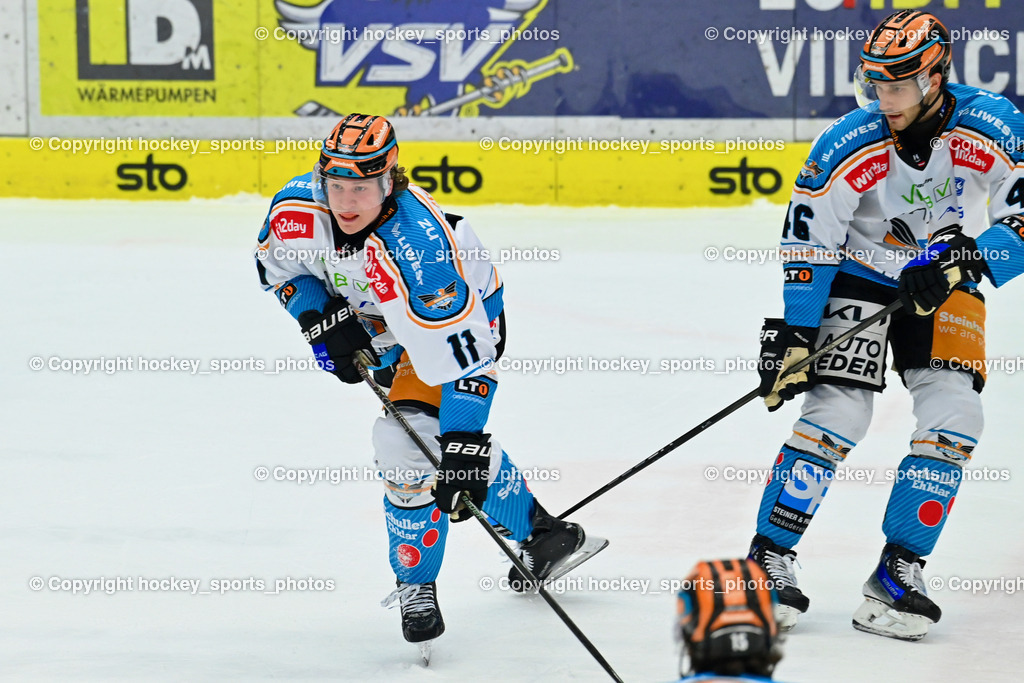 EC IDM Wärmepumpen VSV vs. STEINBACH BLACK WINGS LINZ  | #11 Stuart Brodi Ripken BLACK WINGS LINZ,  #46 Würschl Niklas Andre BLACK WINGS LINZ, EC IDM Wärmepumpen VSV vs. STEINBACH BLACK WINGS LINZ , EC IDM Wärmepumpen VSV vs. STEINBACH BLACK WINGS LINZ  am 28.01.2025 in Villach (Stadthalle Villach), Austria, (Photo by Bernd Stefan)