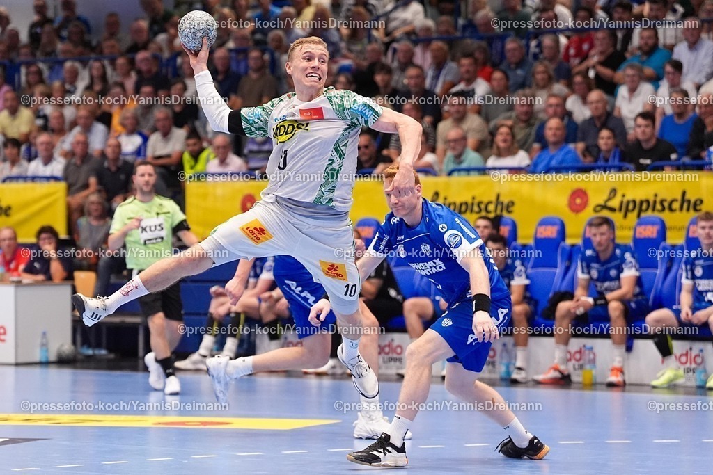 xydrx29082501154 | 29.08.2025, xydrx, Handball, 1.HBL, TBV Lemgo Lippe - SC Magdeburg, PHOENIX Contact-Arena: Gisli Kristjansson (SC Magdeburg #10)