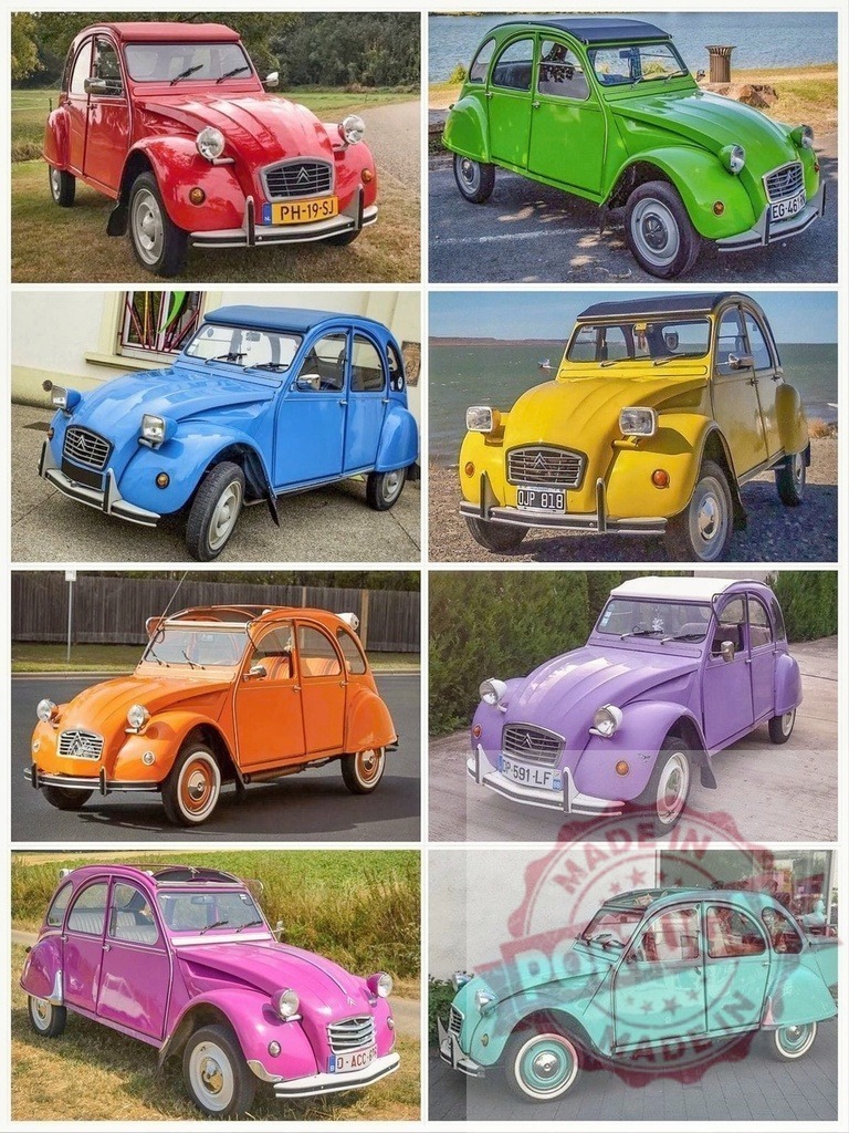Eight colorful Citroën 2CV cars parked in various locations | Collage showcasing eight Citroën 2CV cars in vibrant colors, parked in different settings - Realized with Pictrs.com