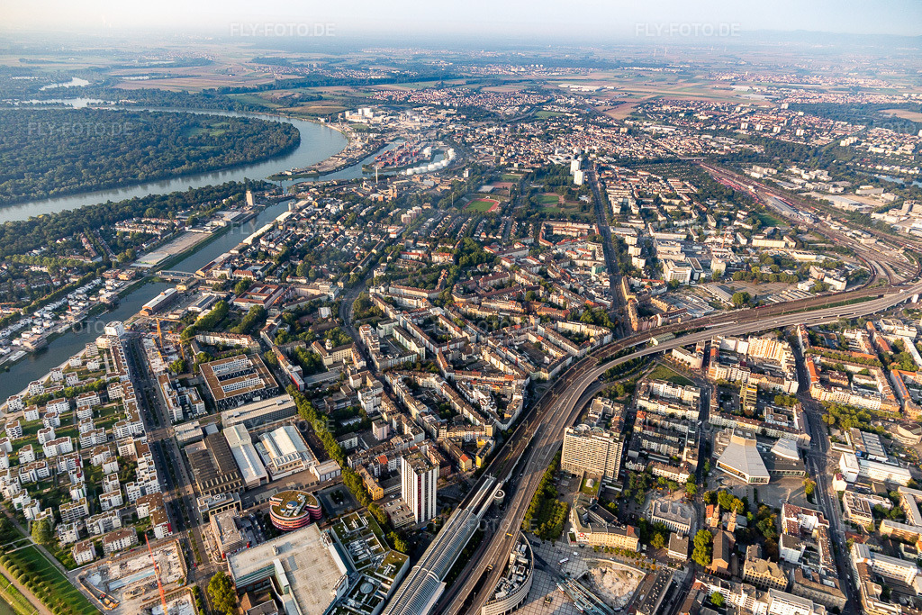 Luftbild: Ortskern von LU-Mitte zwischen Uferbereich des Rhein und Bahnschienen am Rhein im Ortsteil Süd in Ludwigshafen im Bundesland Rheinland-Pfalz in Deutschland. Foto: IMG_116898.jpg vom 25.08.2019 durch Werner Riehm/FLY-FOTO.de