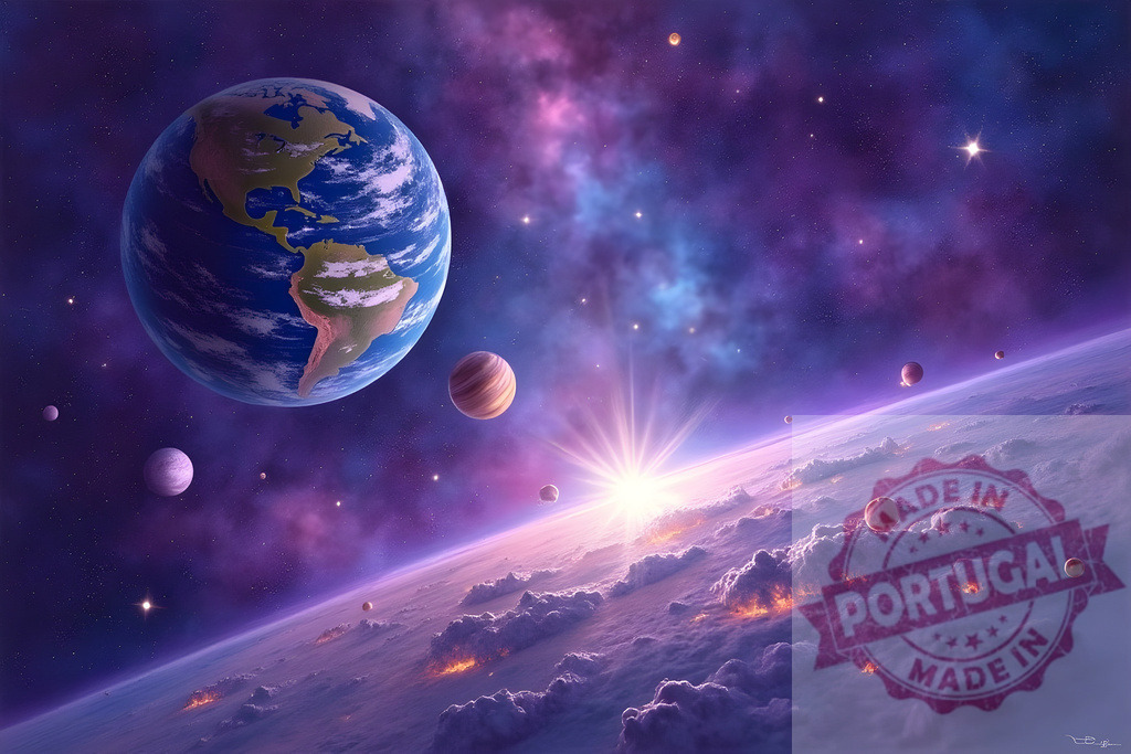 Earth planet and alien world with sun rising | Earth orbiting a vibrant nebula with a sun rising over a distant planet - Realisiert mit Pictrs.com