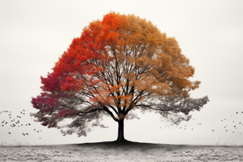 2308029 - Herbstlicher Baum | Bestellen Sie diese digitale Illustration eines bunten Herbstbaumes vor grau-weissem Hintergrund als hochwertigen Kunstdruck auf Leinwand, Acrylglas, Alu-Dibond oder als Poster. Das Bild wurde digital erstellt und hat die Anmutung eines Gemäldes.