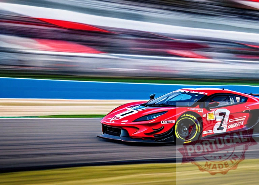 Red sports car racing on track with motion blur. AI Experiments | Red race car speeding on a motorsport racetrack, creating a sense of rapid movement - Realized with Pictrs.com