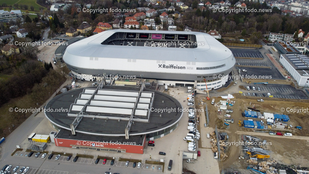 Raiffeisen Arena Linz_ 20.02.2023-2 | 20.02.2023, Raiffeisenarena Linz, AUT, im Bild Raiffeisen Arena Linz, Drohne, Stadion
