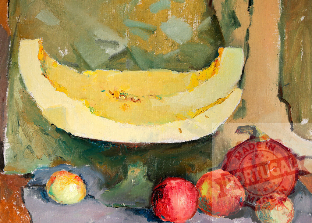 Still life oil painting featuring melon slice and apples resting on a table | Colorful still life oil painting depicting a slice of melon and apples arranged on a table, showcasing vibrant colors and brushstrokes - Realized with Pictrs.com
