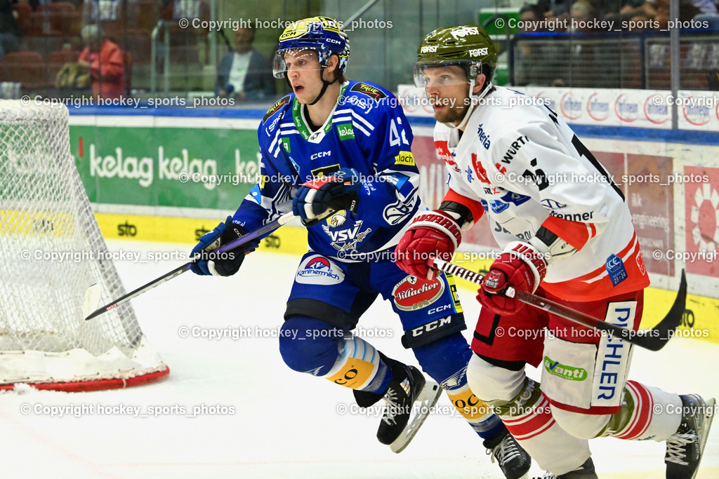EC IDM Wärmepumpen VSV vs. HC Bozen 19.9.2023 | #42 LANZINGER Benjamin,  ##15 Miglioranzi Enrico, win2day icehockeyleague, EC IDM Wärmepumpen - HC Bozen  am 19.09.2023 in Villach (Stadhalle Villach), Austria, (Photo by Bernd Stefan)