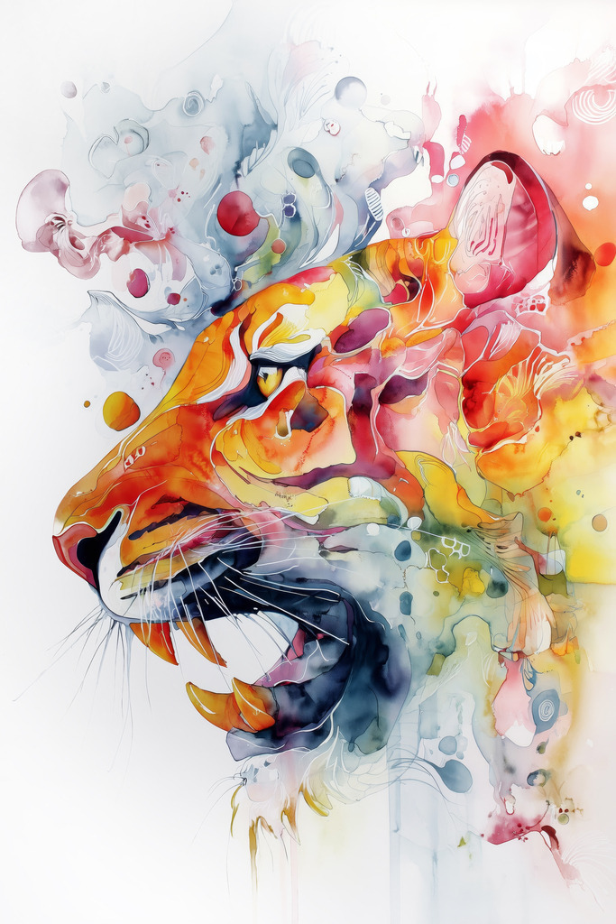 2604019 - Aquarell-Raubkatze | Eine dynamische Darstellung eines brüllenden Tigerkopfes im Profil. Das Motiv zeichnet sich durch lebendige, ineinander fließende Aquarellfarben in Orange-, Rot- und Gelbtönen aus. Abstrakte Formen und Farbspritzer im Hintergrund ergänzen die kraftvolle Komposition, die durch feine, präzise Linien im Gesichtsbereich definiert wird.