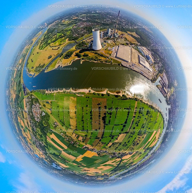 Duisburg230790194_LogPort VI | Luftbild, logport VI, Baustelle mit Neubau am STEAG Kraftwerk Walsum am Fluss Rhein, Erdkugel, Fisheye Aufnahme, Fischaugen Aufnahme, 360 Grad Aufnahme, tiny world, Alt-Walsum, Duisburg, Ruhrgebiet, Nordrhein-Westfalen, Deutschland