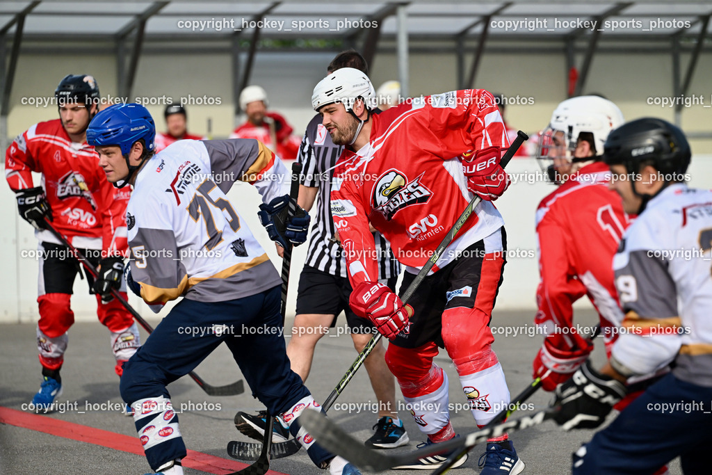VAS Ballhockey vs. HSC Eagles Poggersdorf | #75 Wohlfahrt Benedikt, #27 Goritschnig Martin, VAS Ballhockey vs. HSC Eagles Poggersdorf, VAS Ballhockey vs. HSC Eagles Poggersdorf am 14.07.2024 in Villach (Alpen Arena ), Austria, (Photo by Bernd Stefan)