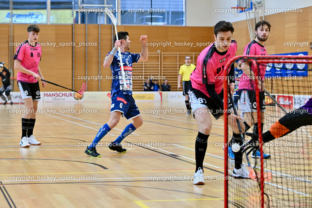 VSV Unihockey vs. Wiener Floorballferein 6.4.2024 | #6 Timo Schmid VSV Unihockey, #8 Maximilian Kuscher Wiener Floorballverein, #87 Christian Lindquist Wiener Floorballverein, #10 Philipp Horn Wiener Floorballverein, VSV Unihockey vs. Wiener Floorballferein 6.4.2024, VSV Unihockey vs. Wiener Floorballferein  am 06.04.2024 in Villach (Ballspielhalle St. Martin), Austria, (Photo by Bernd Stefan)