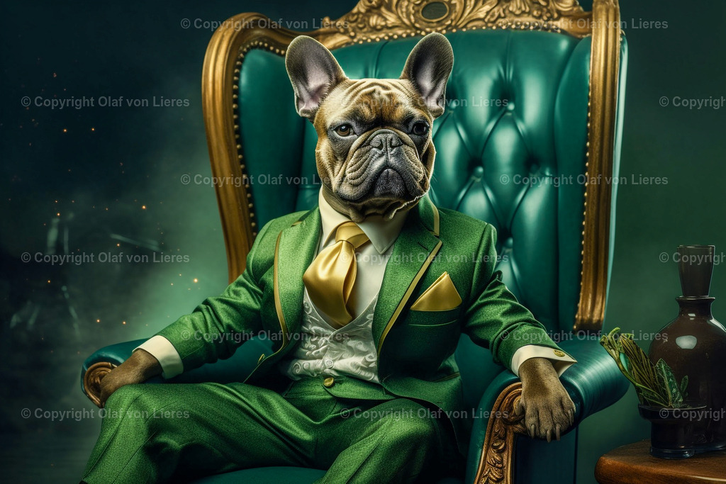 Bulldogge im Anzug im Sessel | Hund sitzt cool im vornehmen Sessel