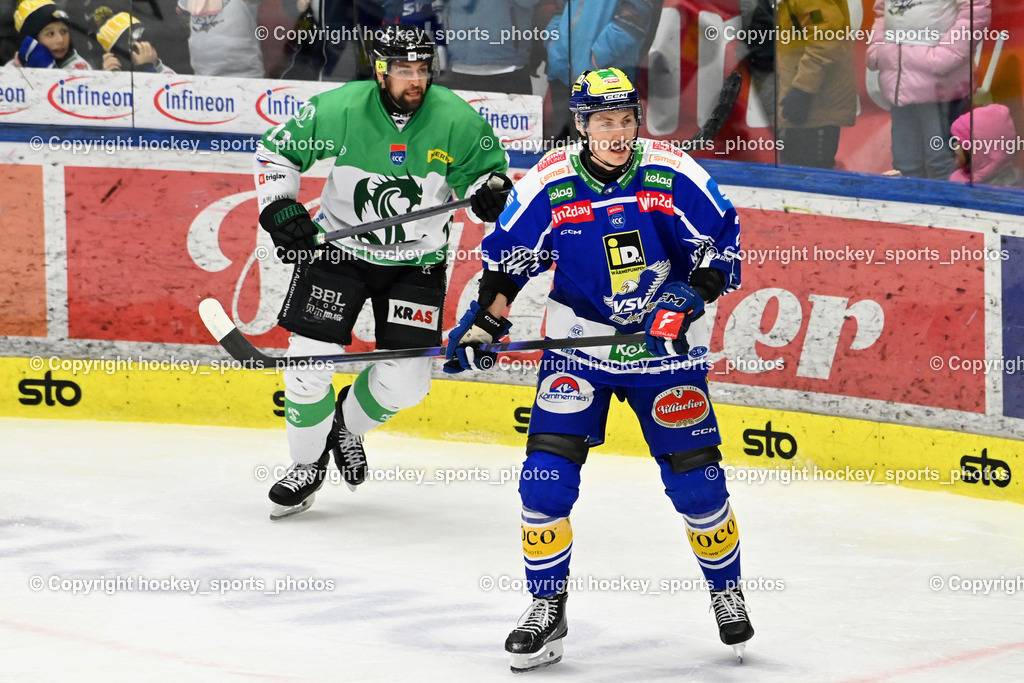 EC IDM WÄRMEPUMPEN VSV vs. Olimpija Ljubljana | #13 Ziga Pance Olimpija Ljubljana, #2 Dylan MacPherson EC VSV, EC IDM WÄRMEPUMPEN VSV vs. Olimpija Ljubljana, EC IDM WÄRMEPUMPEN VSV vs. Olimpija Ljubljana am 01.02.2026 in Villach (Stadthalle Villach), Austria, (Photo by Bernd Stefan)